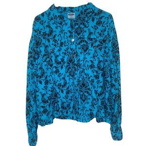 California Threads XL Blue & Black Floral Button-Up 100% Linen Shirt With Long S